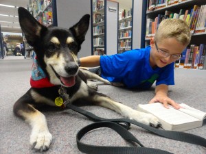 Jacob reads Harry Potter to Kacey during MPL's Paws to Read program Wednesday night.
