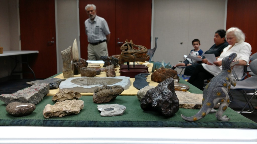 Bill Urbanski displays some of his fossil collection during a talk at Mentor Public Library.
